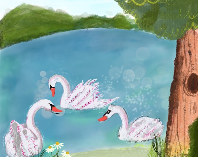 Swans Art Postcard: Whimsical Nature Greeting Card