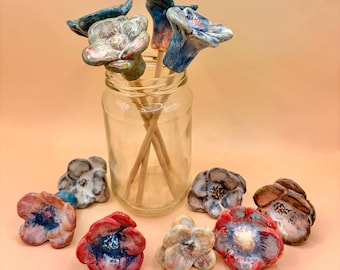 Handmade Ceramic Flower Ornament, Pink & Red Palette, Garden Decor