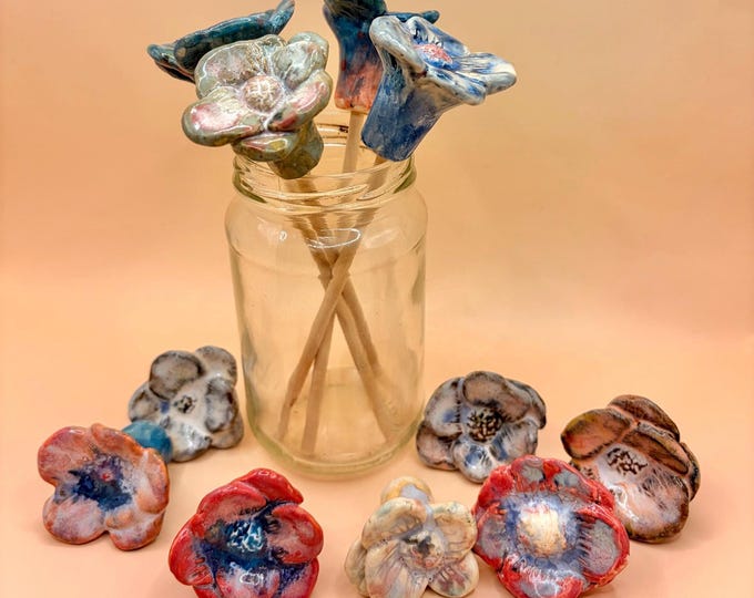 Handmade Ceramic Flower Ornament, Pink & Red Palette, Garden Decor