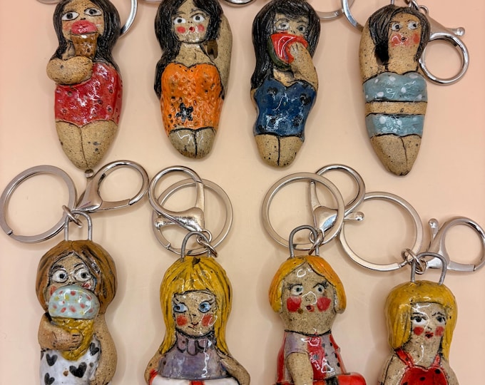 Handmade ceramic Swimmers and Cat Bag charm Whimsical Key Chain Figurine character No Repeat
