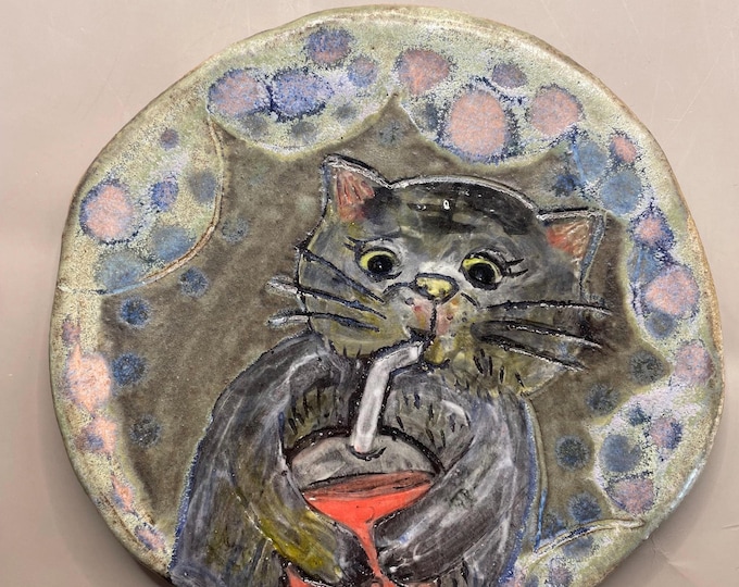 Handmade Cat Cake Plate: Handbuilt Pottery, Original Design (14cm)