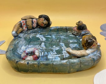 Handmade Ceramic Soap Dish: Swimmer at the pool Art Trinket Dish