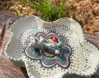 Trinket dish/Incense holder ceramic relaxing cat. Handmade original Art, Sculpture animal. Unique gifts