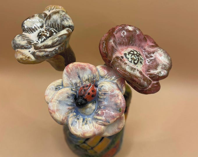 Ceramic flowers ornaments.Garden ornaments. ORIGINAL DESIGN. Ladybirds