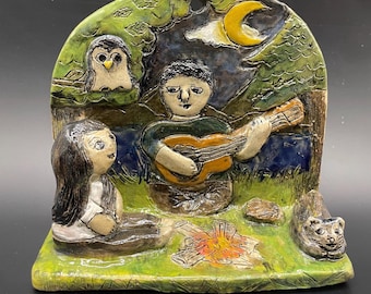 Handmade Ceramic Tealight Holder: Whimsical Camping Night Landscape Art