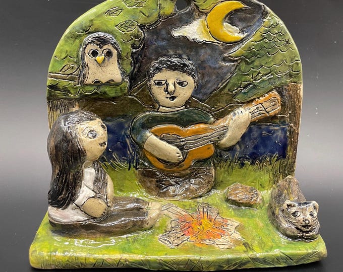 Handmade Ceramic Tealight Holder: Whimsical Camping Night Landscape Art