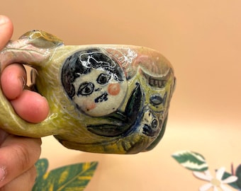 Handmade Ceramic Cat Mug  Cute Coffee Cup, Pottery Tea Mug, Gift for Cat Lover, Whimsical Kitchenware sculptural Cat Handle, Unique Design