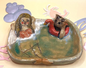 Handmade Woman and Cat Soap Dish: Sculptural Ceramic Ring Dish
