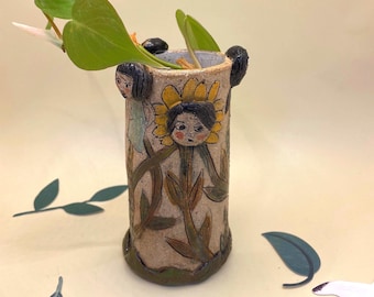 Handmade Ceramic Bud Vase: Whimsical Illustrated Faces, Flowerheads Collection