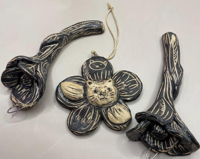 Handbuilt Ceramic Cat Flower Ornament: Garden & Wall Decor