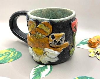 Handmade Ceramic Coffee Mug: Sculpted Cat & Flowers, OOAK