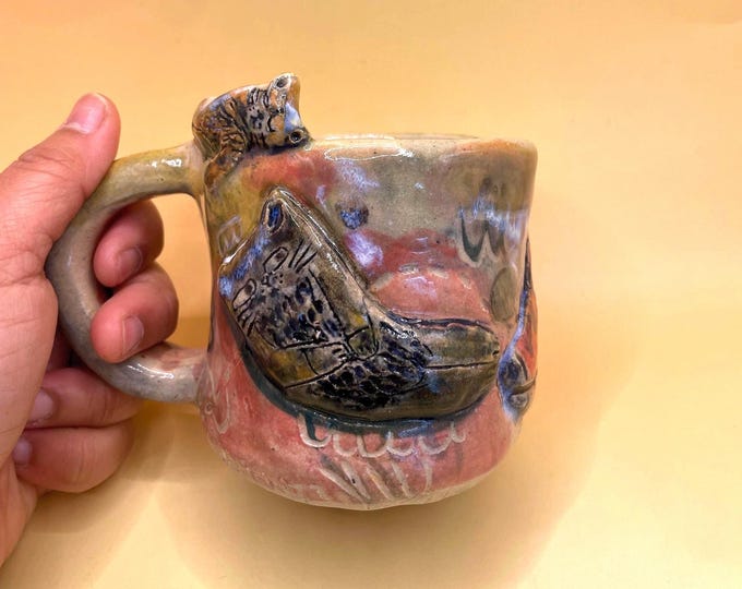 Handmade Kitty Mug 200ml: banana cats Design, sculptural cat Handbuilt Pottery Cat lover gifts