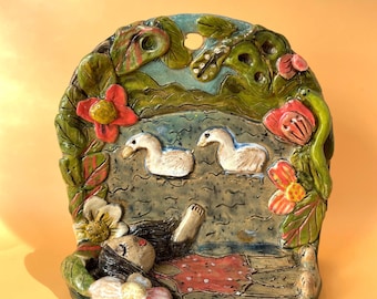 Handmade Clay Tealight Holder: Lazy Afternoon Lake Scene - Whimsical Wall Decor
