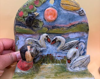 Handmade Ceramic Swan Tealight Holder: Whimsical Lake Landscape Wall Decor