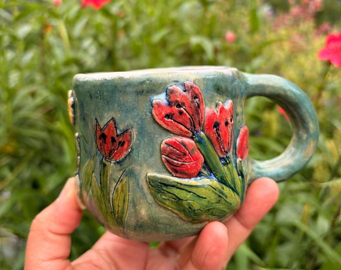 Handmade Tulip Mug, Whimsical Butterfly Ceramic Cup, Botanical Pottery