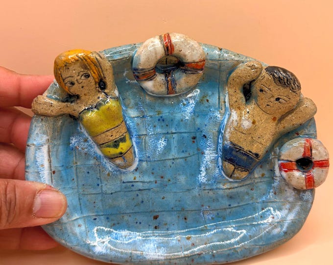 Handmade Ceramic Soap Dish: swimming Boys and Girl pool Artisan Gifts