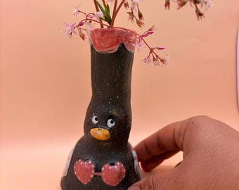 Handmade Ceramic black Duck small vase pink heart bikini Quirky Quack ceramic Gifts