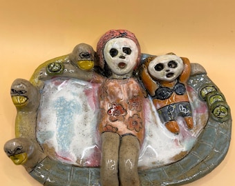 Handmade Ceramic Soap Dish: Sculptural Face Masking Woman, Cat & Ducks