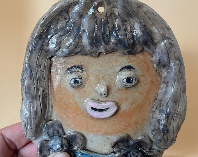Handmade Ceramic Girl Wall Hanging: Eclectic Art Decor