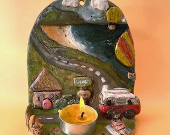 Handbuilt Ceramic Wall Tealight Holder"Dreamscapes"Coastal Road Trip Scene with Cat Camper Van Balloon Whimsical Functional Art gifts (02)