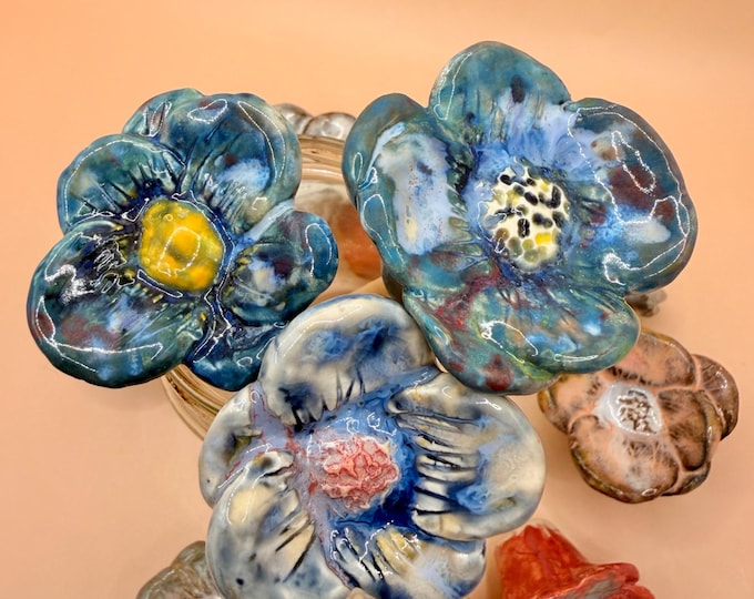 Handbuilt Ceramic Flower Ornaments, Blue Palette DIY Garden Decor