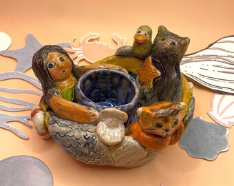 Ceramic Boat Candle Holder: Mermaid Cats & Duck - Eclectic Decor