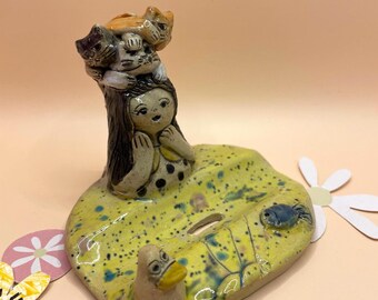 Ceramic Cat Lady Phone Holder: Handbuilt Desk Art
