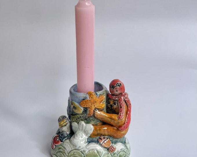 Ceramic Cat Candle Holder: Octopus, Ducks Ocean  Quirky Home Decor (White candle included)