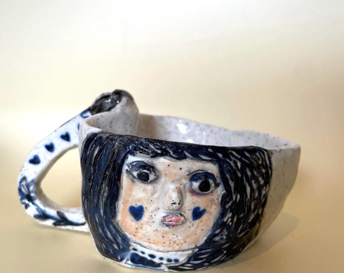 Handmade Stoneware Espresso Cup: Heart Shape Girl Face Design