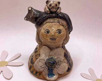 Hand-Painted Ceramic Cat Lady Sculpture: Quirky Home Decor (8x5.5cm)