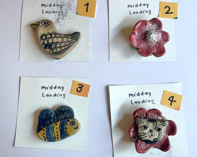 Floral Ceramic Cat Fridge Magnet: Bird & Bee Decor