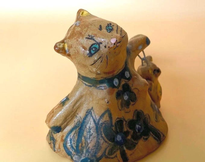 Handmade Ceramic Cat Sculpture with Bear Bell: Desk Art
