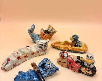 Handmade Ceramic Brush Rest, Sculptural Cats Ducks Swimmer Figurine Gifts for Artist