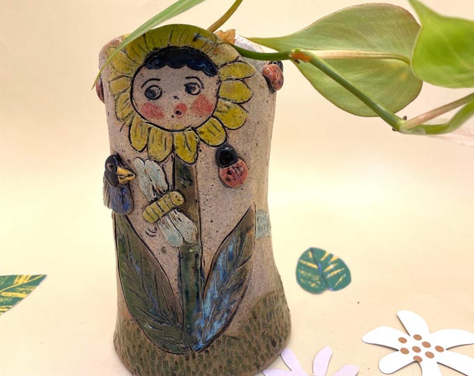 Handmade Ceramic Bud Vase: Sunflower Face, Dragonfly, Ladybug - FLOWERHEADS Collection