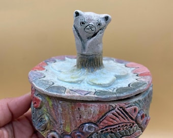 Treasure box/small jar with aloha bears. Handmade art. Gifts. Unique ceramica