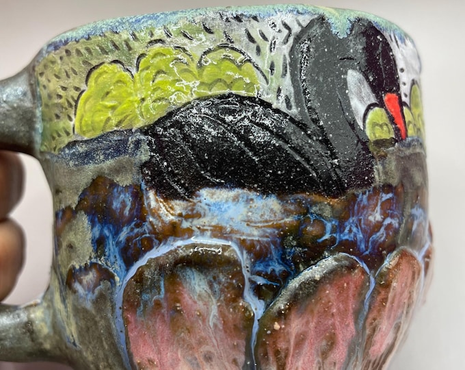Handbuilt Black Swan Mug: Carved Ceramic Wetland Scene with Cats
