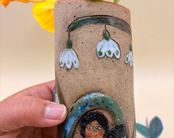 Handmade Ceramic small Vase: Whimsical Illustrated faces Snowbell Snowdrops, FLOWERHEADS Collection