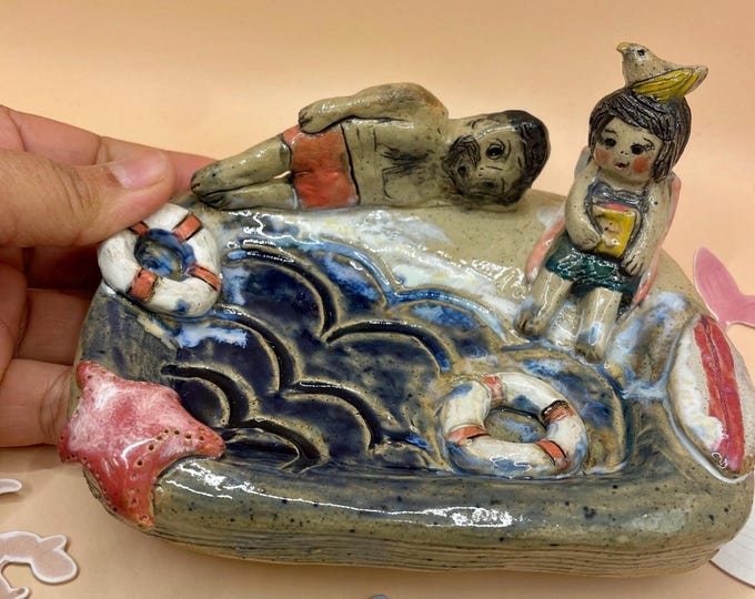 Handmade Ceramic Soap Dish: Sculptural Woman with Bird - Beach Art