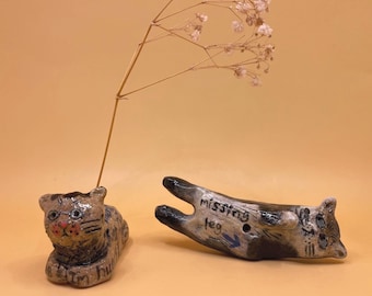Handmade Ceramic Cat Figurine: Incense Holder - Quirky Desk Decor