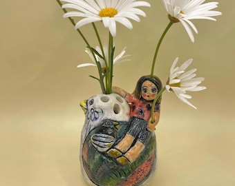 Handmade small bird bud vase( 8-10cm tall) Sculptural girl Original artCeramic GIFTS.
