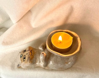 Candle tea light holder. Handmade ceramic cat small Trinket dish. Sculpture ceramic,Cat Lovers Gifts