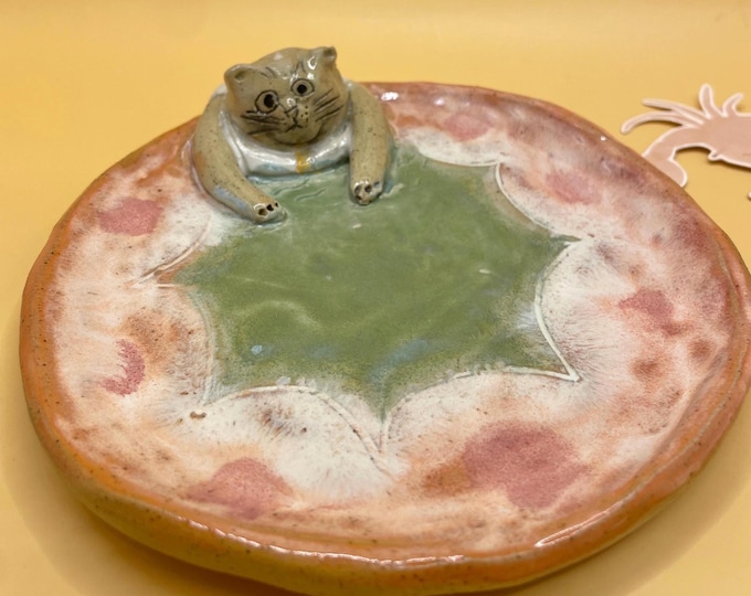 Handmade Ceramic Cat Dessert Plate: Whimsical Trinket Dish, Cat Lover Gift