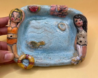 Handmade Beach Girls Ceramic Soap Dish: Unique Trinket Tray