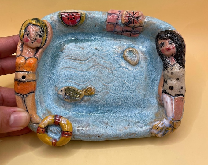 Handmade Beach Girls Ceramic Soap Dish: Unique Trinket Tray