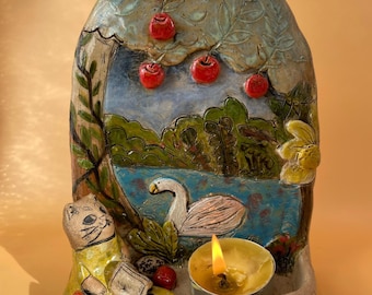 Handmade Ceramic Cat Tealight Holder: Whimsical Swan Lake Wall Art