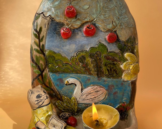 Featured listing image: Handmade Ceramic Cat Tealight Holder: Whimsical Swan Lake Wall Art