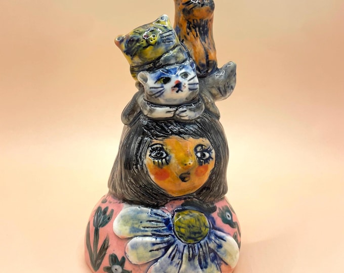 Hand-Painted Porcelain Sculpture: Crazy Cat Lady Ornament