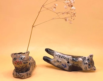 Handmade Ceramic Cat Figurine: Incense Holder - Quirky Desk Decor