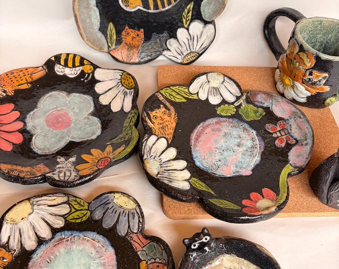 Handmade Ceramic Flower Plate: Sgraffito Cat, Daisy, Butterfly Art