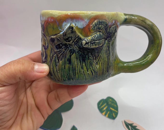 Handmade Kitty Mug 180ml: Wonky Jungle cats Design, Handbuilt Pottery
